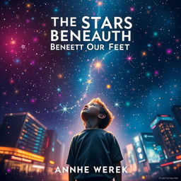 A striking movie poster inspired by the book 'The Stars Beneath Our Feet', featuring a central figure of a young boy gazing up at a star-filled night sky, surrounded by colorful lights and whimsical patterns