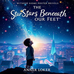 A striking movie poster inspired by the book 'The Stars Beneath Our Feet', featuring a central figure of a young boy gazing up at a star-filled night sky, surrounded by colorful lights and whimsical patterns