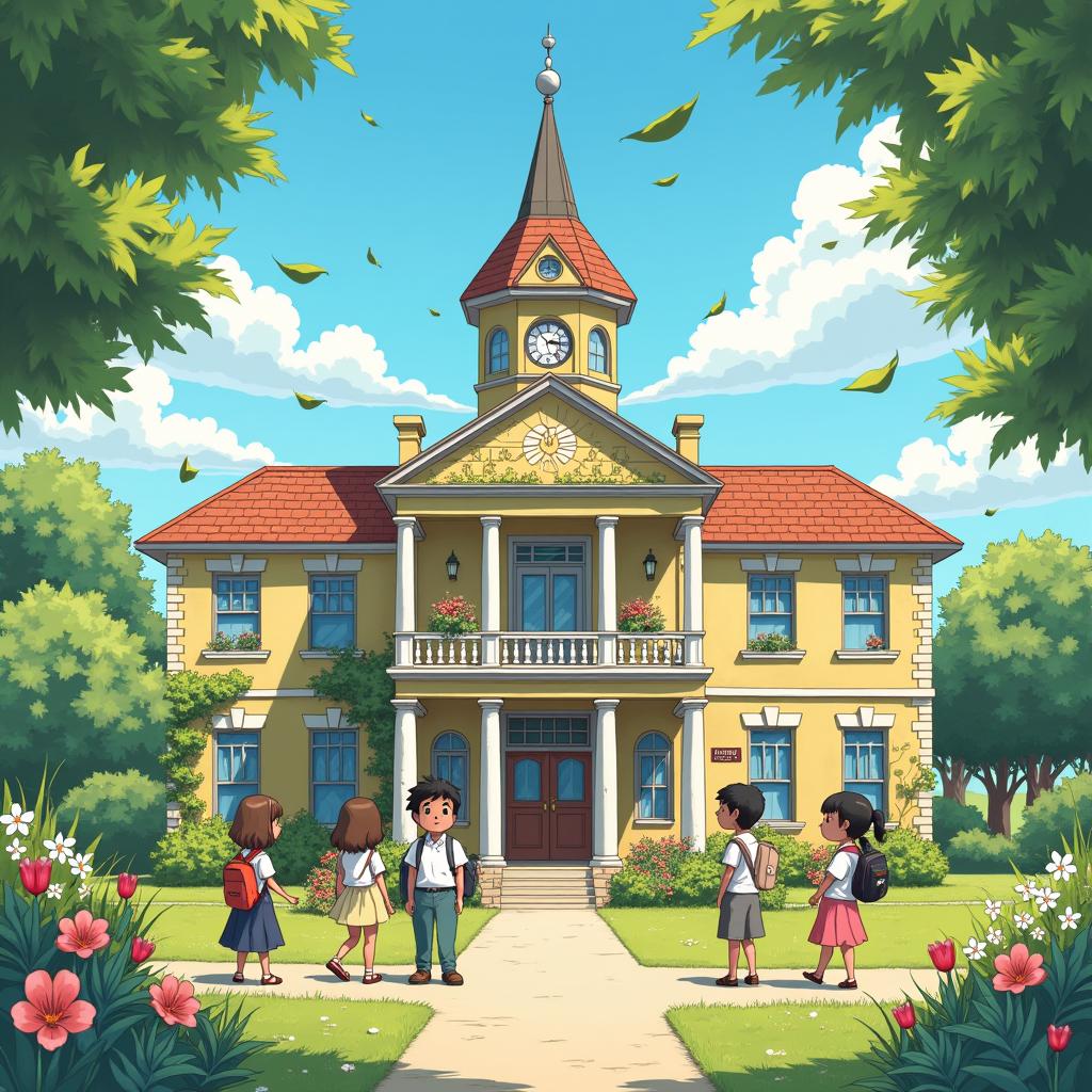 A whimsical and enchanting illustration of Lower Hutt Town Hall depicted in the distinctive Studio Ghibli style