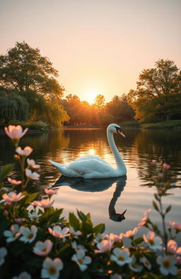 A graceful white swan gliding on a tranquil lake, surrounded by lush greenery and soft pastel flowers