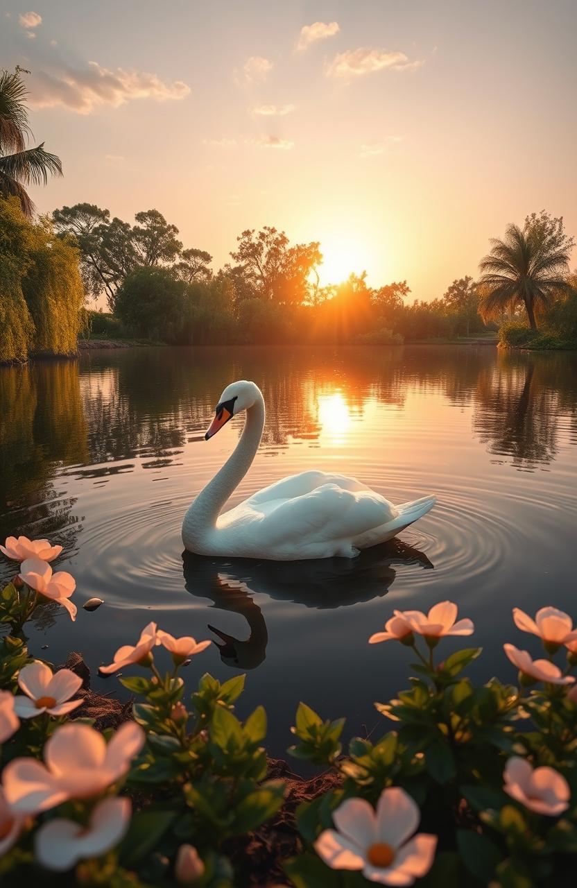 A graceful white swan gliding on a tranquil lake, surrounded by lush greenery and soft pastel flowers