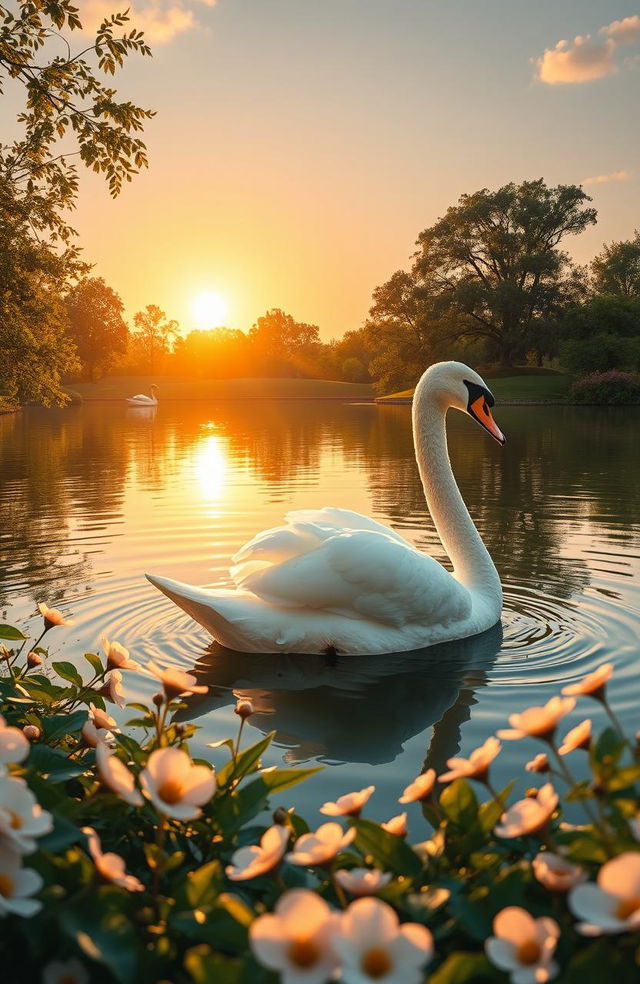 A graceful white swan gliding on a tranquil lake, surrounded by lush greenery and soft pastel flowers