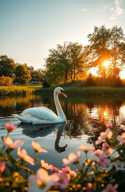 A graceful white swan gliding on a tranquil lake, surrounded by lush greenery and soft pastel flowers