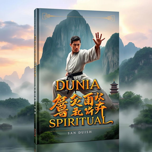 A captivating book cover for 'Dunia Beladiri Spiritual', featuring a powerful male figure in traditional Chinese martial arts attire, performing an elegant martial arts pose