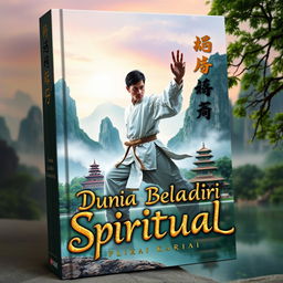 A captivating book cover for 'Dunia Beladiri Spiritual', featuring a powerful male figure in traditional Chinese martial arts attire, performing an elegant martial arts pose