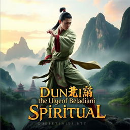 A captivating book cover for 'Dunia Beladiri Spiritual', featuring a powerful male figure in traditional Chinese martial arts attire, performing an elegant martial arts pose