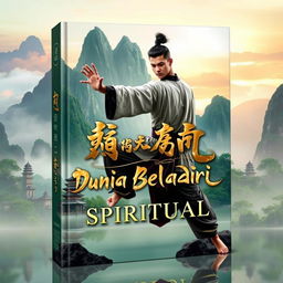 A captivating book cover for 'Dunia Beladiri Spiritual', featuring a powerful male figure in traditional Chinese martial arts attire, performing an elegant martial arts pose