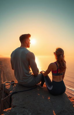 A serene scene depicting a muscular guy and a fit girl sitting on the edge of a dramatic cliff, gazing at a breathtaking sunset