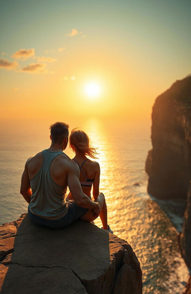 A serene scene depicting a muscular guy and a fit girl sitting on the edge of a dramatic cliff, gazing at a breathtaking sunset