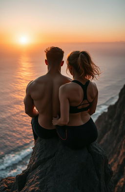 A serene scene depicting a muscular guy and a fit girl sitting on the edge of a dramatic cliff, gazing at a breathtaking sunset