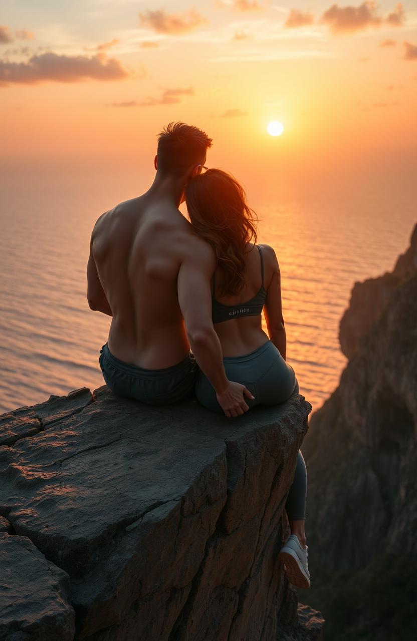 A serene scene depicting a muscular guy and a fit girl sitting on the edge of a dramatic cliff, gazing at a breathtaking sunset