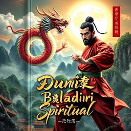 An enchanting book cover for 'Dunia Beladiri Spiritual', featuring a powerful male figure in traditional Chinese martial arts clothing, striking a dynamic pose as if ready to engage in combat