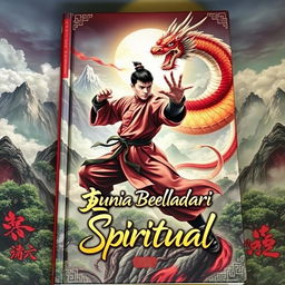 An enchanting book cover for 'Dunia Beladiri Spiritual', featuring a powerful male figure in traditional Chinese martial arts clothing, striking a dynamic pose as if ready to engage in combat