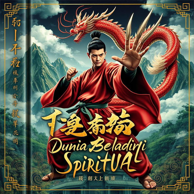 An enchanting book cover for 'Dunia Beladiri Spiritual', featuring a powerful male figure in traditional Chinese martial arts clothing, striking a dynamic pose as if ready to engage in combat