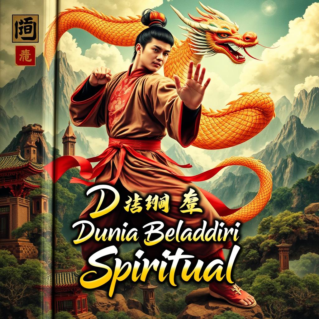 An enchanting book cover for 'Dunia Beladiri Spiritual', featuring a powerful male figure in traditional Chinese martial arts clothing, striking a dynamic pose as if ready to engage in combat