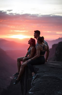 A couple sitting on the edge of a breathtaking cliff, gazing at a stunning sunset