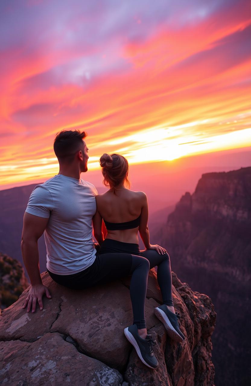 A couple sitting on the edge of a breathtaking cliff, gazing at a stunning sunset