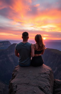 A couple sitting on the edge of a breathtaking cliff, gazing at a stunning sunset