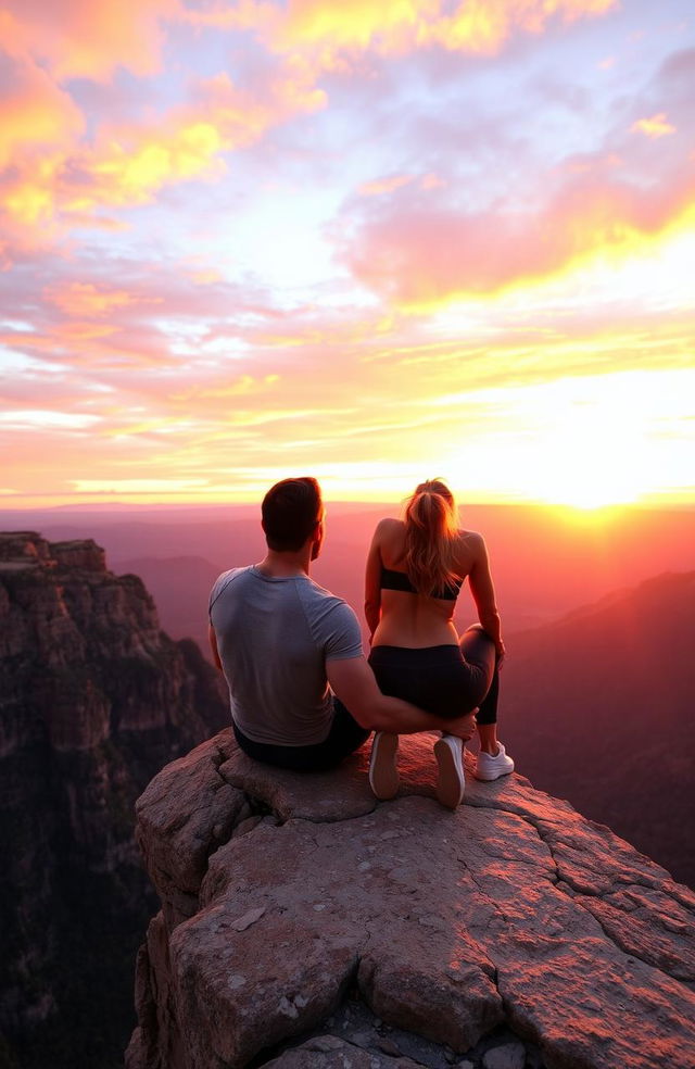 A couple sitting on the edge of a breathtaking cliff, gazing at a stunning sunset