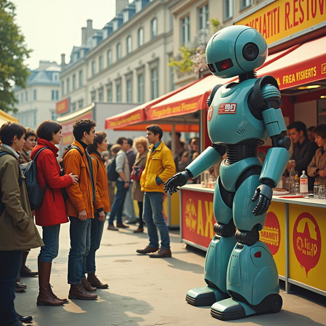 A vibrant scene depicting a student career fair set in France during the 1980s, featuring robots interacting with students