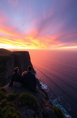 A romantic scene of a couple sitting on the edge of a majestic cliff, gazing at the breathtaking sunset