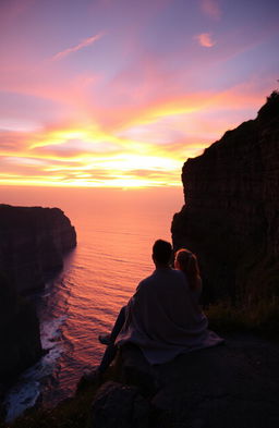 A romantic scene of a couple sitting on the edge of a majestic cliff, gazing at the breathtaking sunset