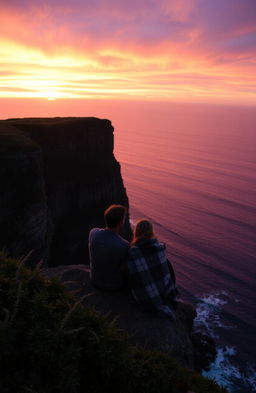 A romantic scene of a couple sitting on the edge of a majestic cliff, gazing at the breathtaking sunset