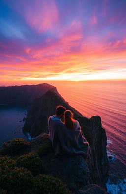 A romantic scene of a couple sitting on the edge of a majestic cliff, gazing at the breathtaking sunset