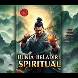 A captivating book cover for 'Dunia Beladiri Spiritual', featuring a strong male warrior in an elaborate, mystical Asian landscape