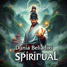 A captivating book cover for 'Dunia Beladiri Spiritual', featuring a strong male warrior in an elaborate, mystical Asian landscape