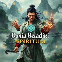A captivating book cover for 'Dunia Beladiri Spiritual', featuring a strong male warrior in an elaborate, mystical Asian landscape