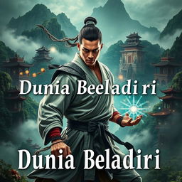 A captivating book cover for 'Dunia Beladiri Spiritual', featuring a strong male warrior in an elaborate, mystical Asian landscape