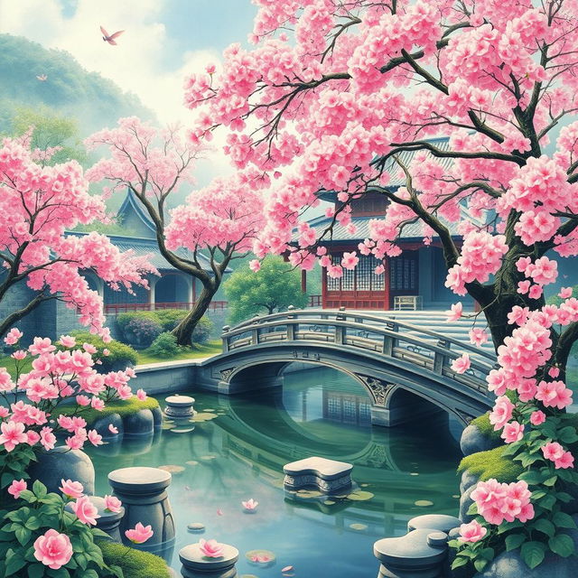 An enchanting Oriental fantasy scene depicting a traditional Chinese garden filled with lush greenery and vibrant cherry blossom trees, their pink flowers in full bloom