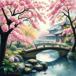 An enchanting Oriental fantasy scene depicting a traditional Chinese garden filled with lush greenery and vibrant cherry blossom trees, their pink flowers in full bloom