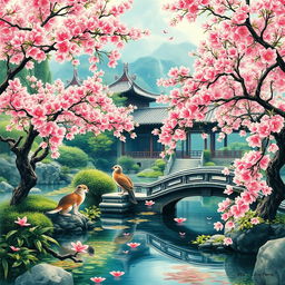 An enchanting Oriental fantasy scene depicting a traditional Chinese garden filled with lush greenery and vibrant cherry blossom trees, their pink flowers in full bloom