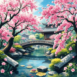 An enchanting Oriental fantasy scene depicting a traditional Chinese garden filled with lush greenery and vibrant cherry blossom trees, their pink flowers in full bloom