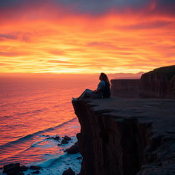 A picturesque scene of a couple sitting on the edge of a dramatic cliff, immersed in the beauty of a vibrant sunset