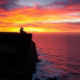 A picturesque scene of a couple sitting on the edge of a dramatic cliff, immersed in the beauty of a vibrant sunset