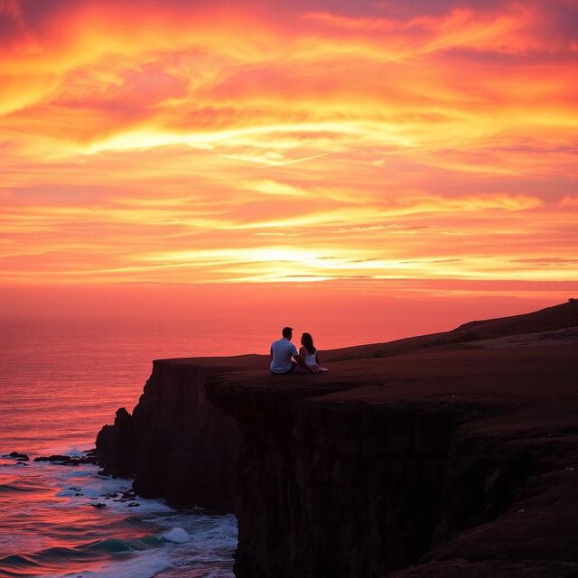 A picturesque scene of a couple sitting on the edge of a dramatic cliff, immersed in the beauty of a vibrant sunset