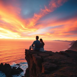 A picturesque scene of a couple sitting on the edge of a dramatic cliff, immersed in the beauty of a vibrant sunset