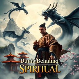 A stunning book cover for 'Dunia Beladiri Spiritual', featuring a powerful male warrior set against a mystical Chinese landscape