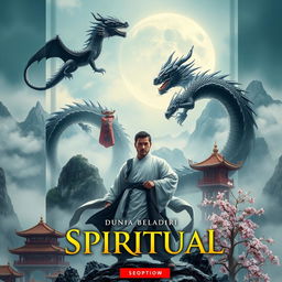 A stunning book cover for 'Dunia Beladiri Spiritual', featuring a powerful male warrior set against a mystical Chinese landscape