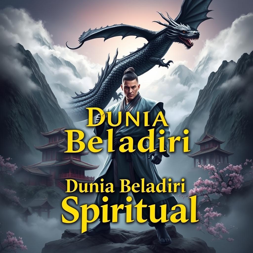 A stunning book cover for 'Dunia Beladiri Spiritual', featuring a powerful male warrior set against a mystical Chinese landscape