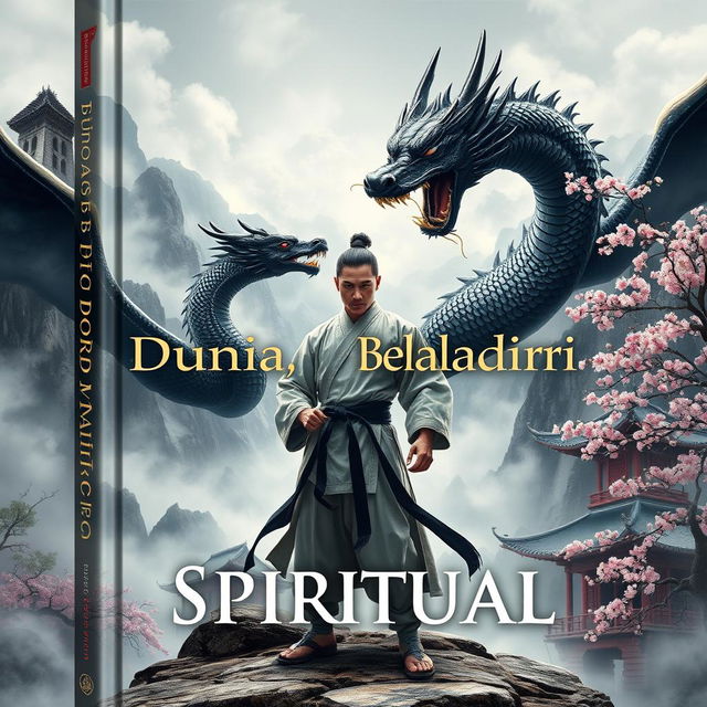 A stunning book cover for 'Dunia Beladiri Spiritual', featuring a powerful male warrior set against a mystical Chinese landscape