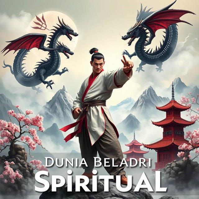 An eye-catching book cover for 'Dunia Beladiri Spiritual', showcasing a dynamic male warrior amid a mystical Chinese landscape