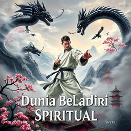 An eye-catching book cover for 'Dunia Beladiri Spiritual', showcasing a dynamic male warrior amid a mystical Chinese landscape