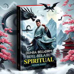 An eye-catching book cover for 'Dunia Beladiri Spiritual', showcasing a dynamic male warrior amid a mystical Chinese landscape