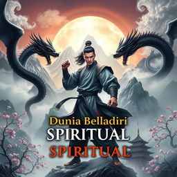 An eye-catching book cover for 'Dunia Beladiri Spiritual', showcasing a dynamic male warrior amid a mystical Chinese landscape