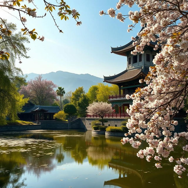 A serene landscape showcasing an ancient Chinese pagoda surrounded by lush greenery, blooming cherry blossom trees, and a tranquil pond reflecting the structure