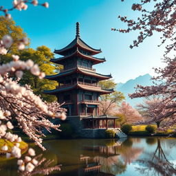 A serene landscape showcasing an ancient Chinese pagoda surrounded by lush greenery, blooming cherry blossom trees, and a tranquil pond reflecting the structure